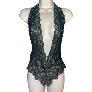 Frederick's of Hollywood Jessica Lace Plunge Halter Teddy Bodysuit Green S NWT